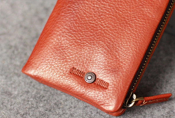 Leather men long wallet clutch brown vintage zip phone clutch men long wallet purse
