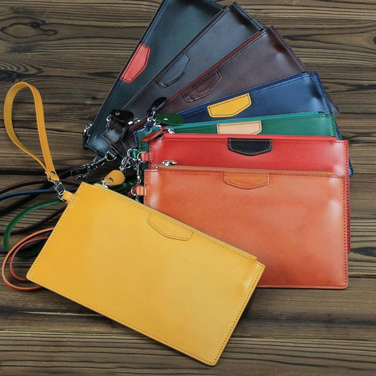 Leather Men's Slim Clutch Wristlet Wallet Zipper Clutch Wallet Phone Wallet For Men