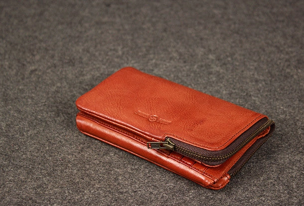 Leather men trifold long wallet clutch brown vintage zip clutch men long wallet purse