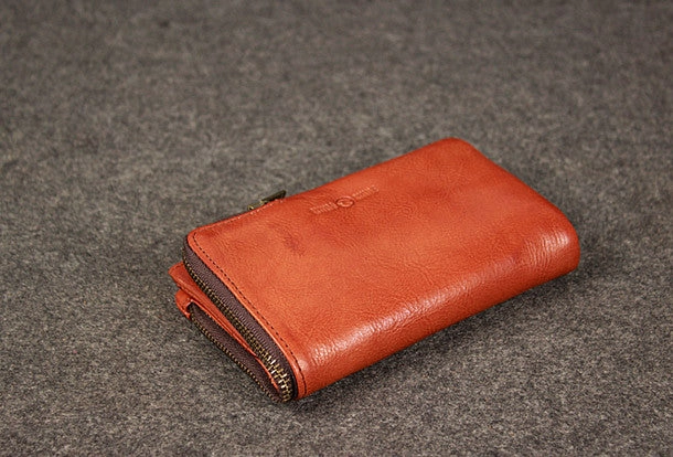Leather men trifold long wallet clutch brown vintage zip clutch men long wallet purse