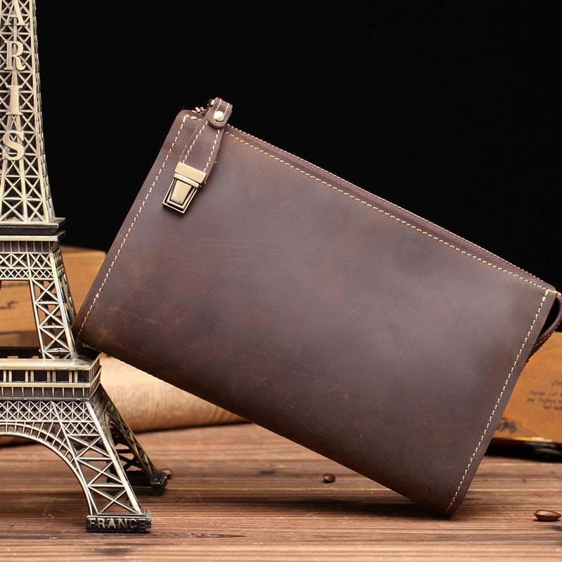 Leather Men Zipper Wristlet Wallet Clutch Long Wallets for Men