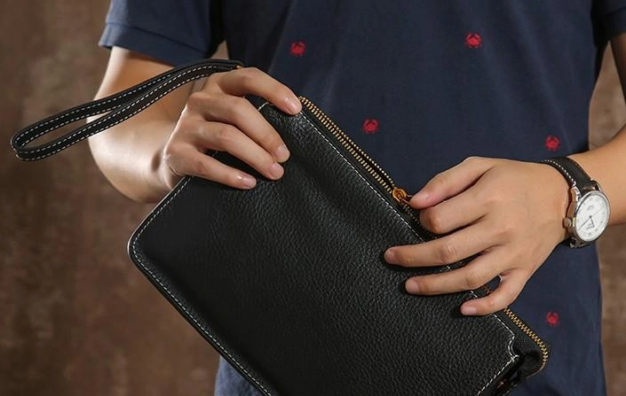 Leather Mens Clutch Cool Wallet Zipper Clutches Wristlet Wallet for Men
