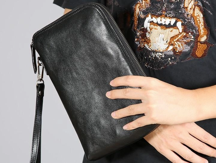 Leather Mens Clutch Cool Wallets Zipper Clutch Messenger Bag Wristlet Wallet for Men