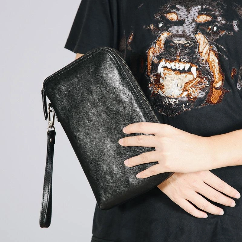 Leather Mens Clutch Cool Wallets Zipper Clutch Messenger Bag Wristlet Wallet for Men