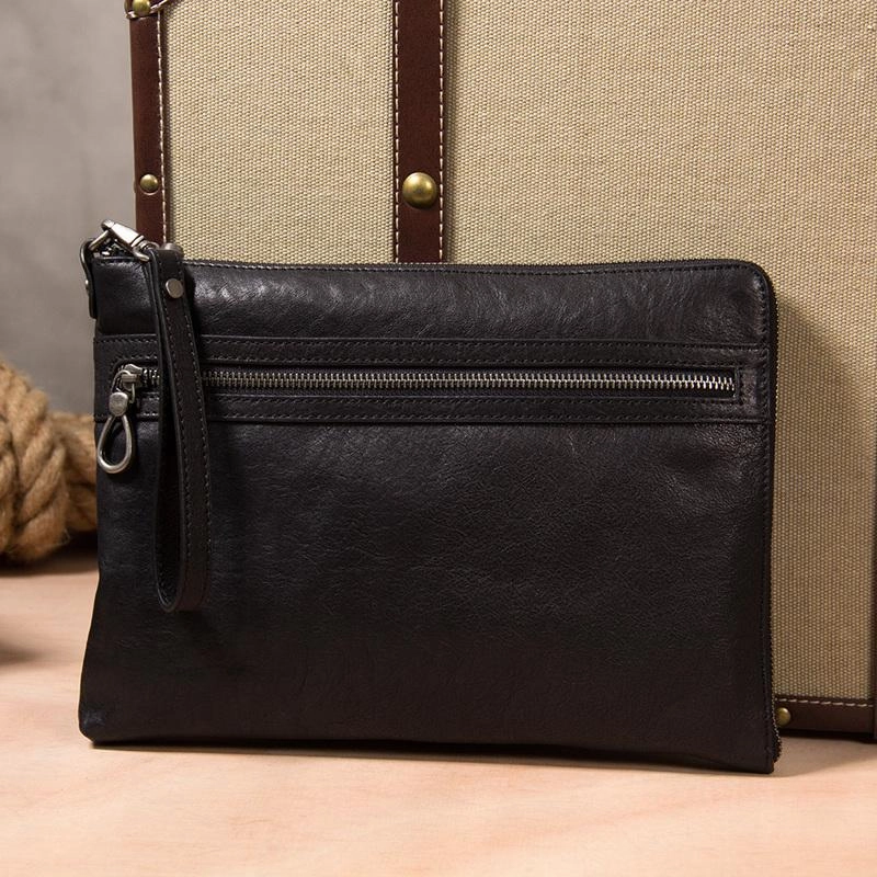 Leather Mens Clutch Wristlet Bag Black Shoulder Bag Zipper Clutch for Men