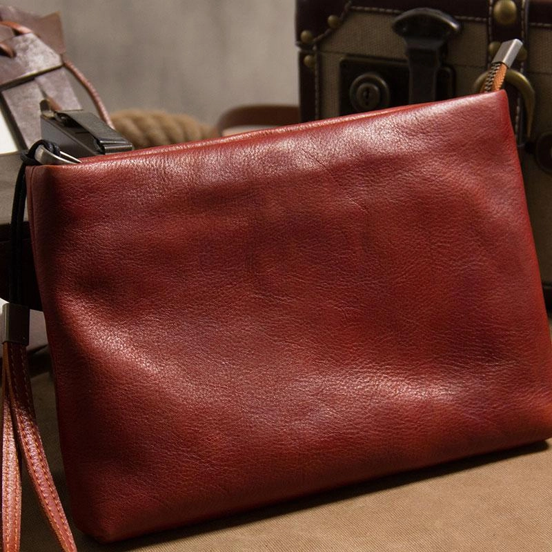 Leather Mens Clutch Wristlet Wallet Brown Zipper Clutch Wallet for Men