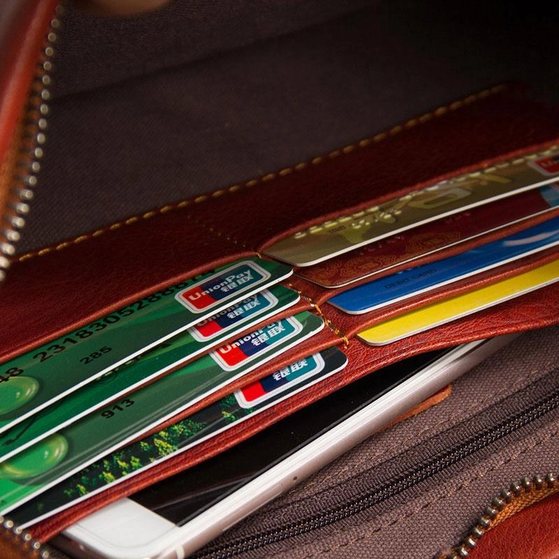 Leather Mens Clutch Wristlet Wallet Brown Zipper Clutch Wallet for Men