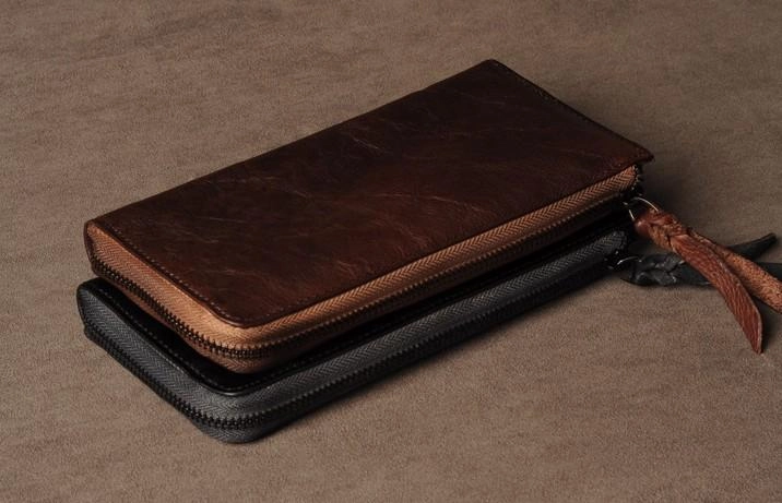 Leather Mens Cool Long Leather Wallet Phone Zipper Clutch Wallet Wristlet Wallet for Men