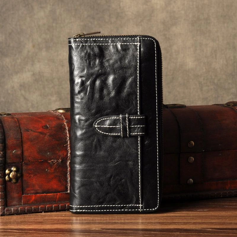 Leather Mens Cool Long Leather Wallet Phone Zipper Clutch Wristlet Wallets for Men
