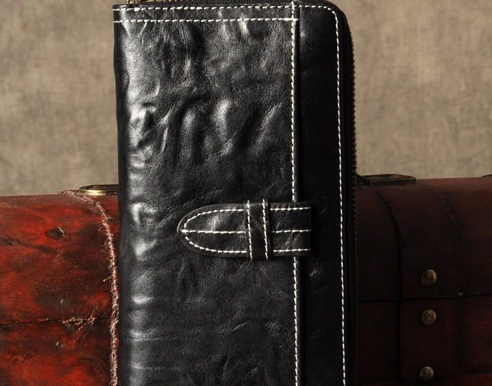 Leather Mens Cool Long Leather Wallet Phone Zipper Clutch Wristlet Wallets for Men