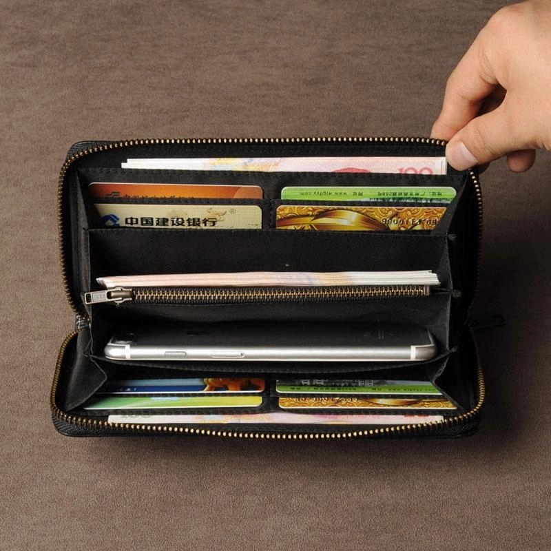 Leather Mens Cool Long Leather Wallet Phone Zipper Clutch Wristlet Wallets for Men