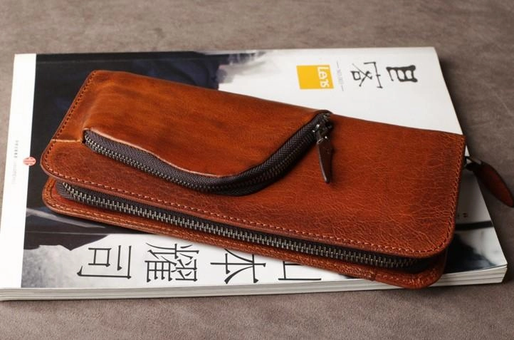 Leather Mens Cool Long Wallet Zipper Clutch Wristlet Long Wallet for Men