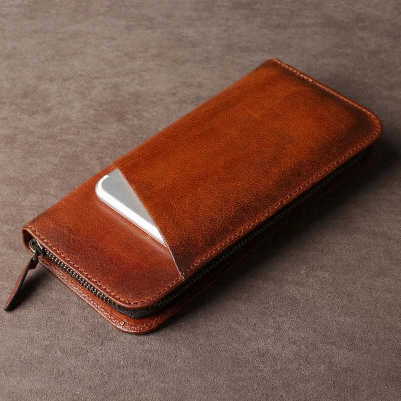 Leather Mens Cool Long Wallet Zipper Clutch Wristlet Long Wallet for Men