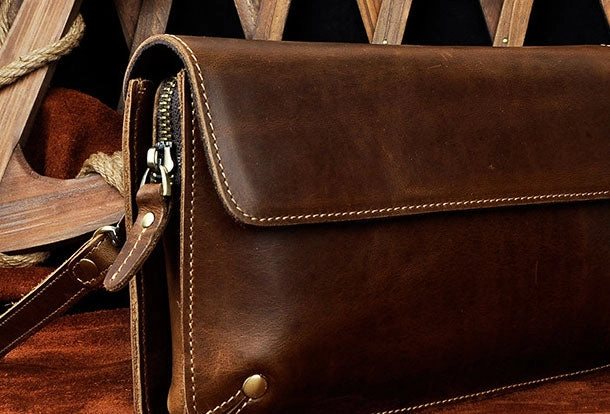 LEATHER MENS Large Brown Black Clutch Wristlet Bag FOR MEN