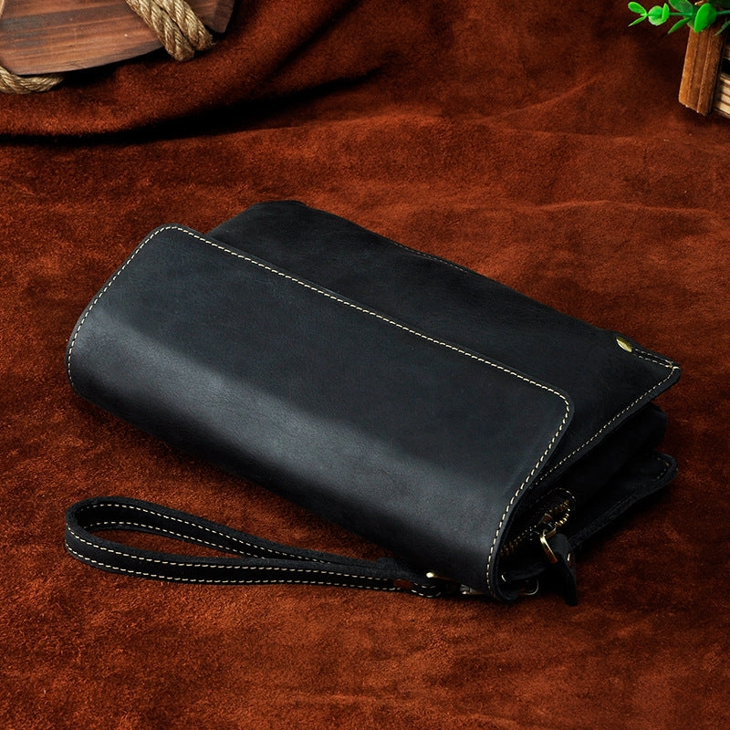LEATHER MENS Large Brown Black Clutch Wristlet Bag FOR MEN