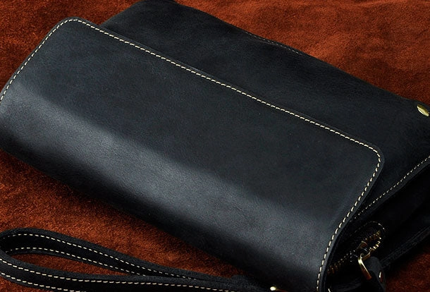 LEATHER MENS Large Brown Black Clutch Wristlet Bag FOR MEN