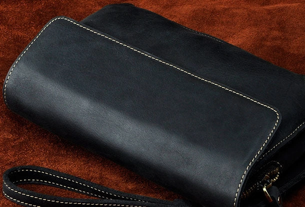 LEATHER MENS Large Brown Black Clutch Wristlet Bag FOR MEN
