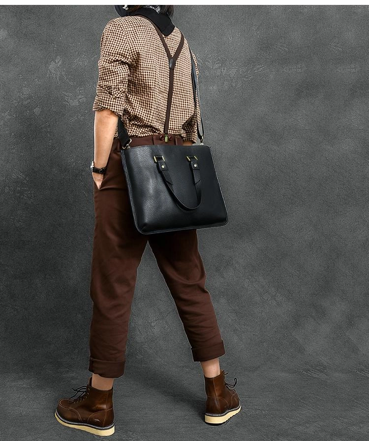 Leather Mens Womens 16" Black Briefcase Side Bag Laptop Messenger Bag Shoulder Bag For Men