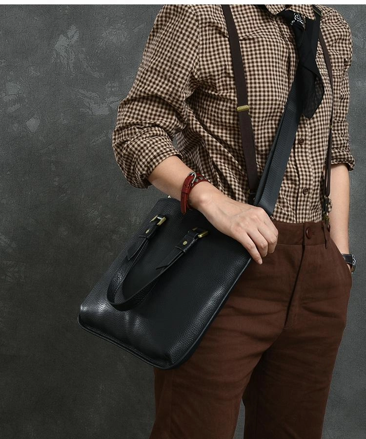 Leather Mens Womens 16" Black Briefcase Side Bag Laptop Messenger Bag Shoulder Bag For Men