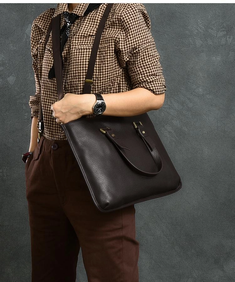 Leather Mens Womens 16" Black Briefcase Side Bag Laptop Messenger Bag Shoulder Bag For Men