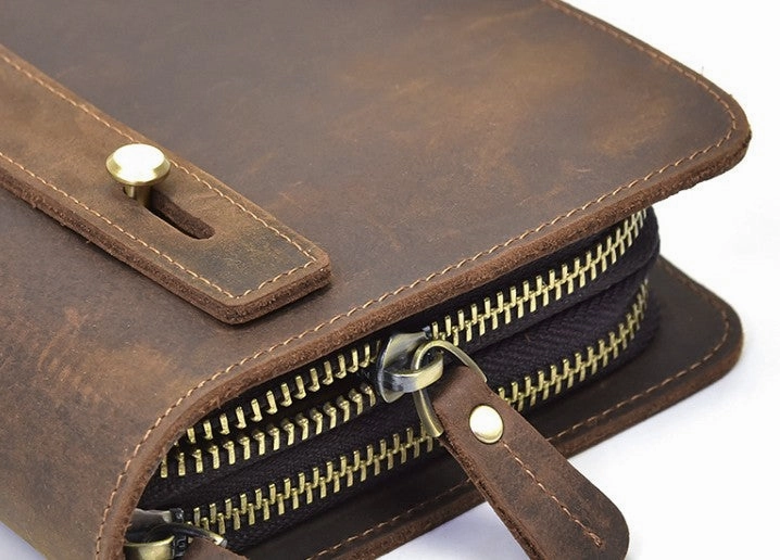 LEATHER MENS Wristlet Wallet Double Zipper Vintage Coffee Clutch FOR MEN