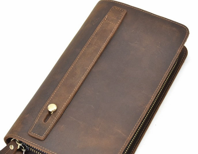 LEATHER MENS Wristlet Wallet Double Zipper Vintage Coffee Clutch FOR MEN