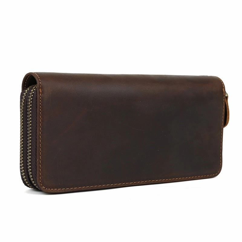 LEATHER MENS Wristlet Wallet Double Zipper Vintage Coffee Clutch FOR MEN