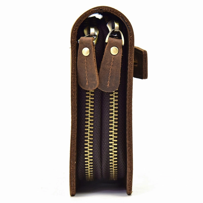 LEATHER MENS Wristlet Wallet Double Zipper Vintage Coffee Clutch FOR MEN