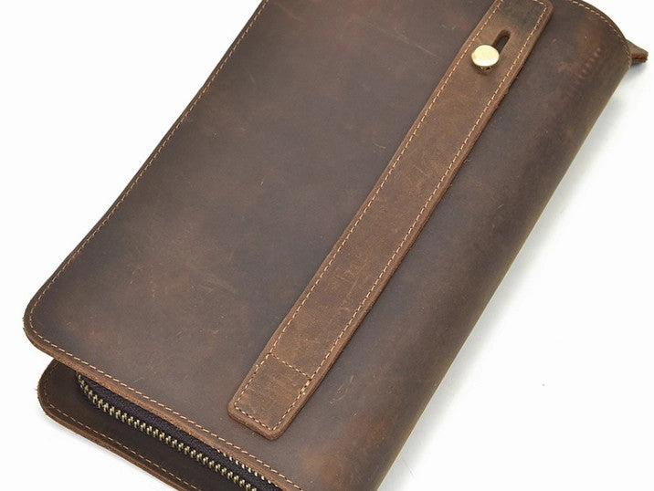 LEATHER MENS Wristlet Wallet Double Zipper Vintage Coffee Clutch FOR MEN