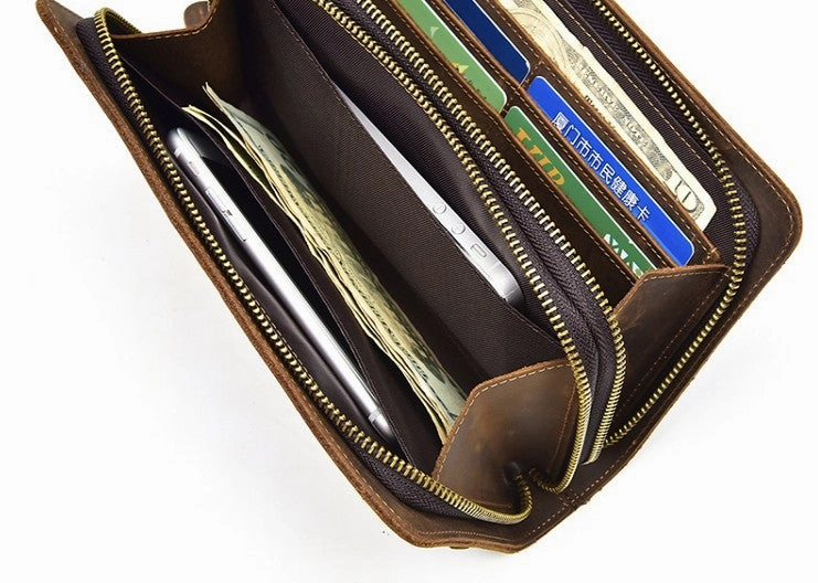 LEATHER MENS Wristlet Wallet Double Zipper Vintage Coffee Clutch FOR MEN