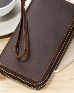 LEATHER MENS Wristlet Wallet Double Zipper Vintage Coffee Clutch FOR MEN