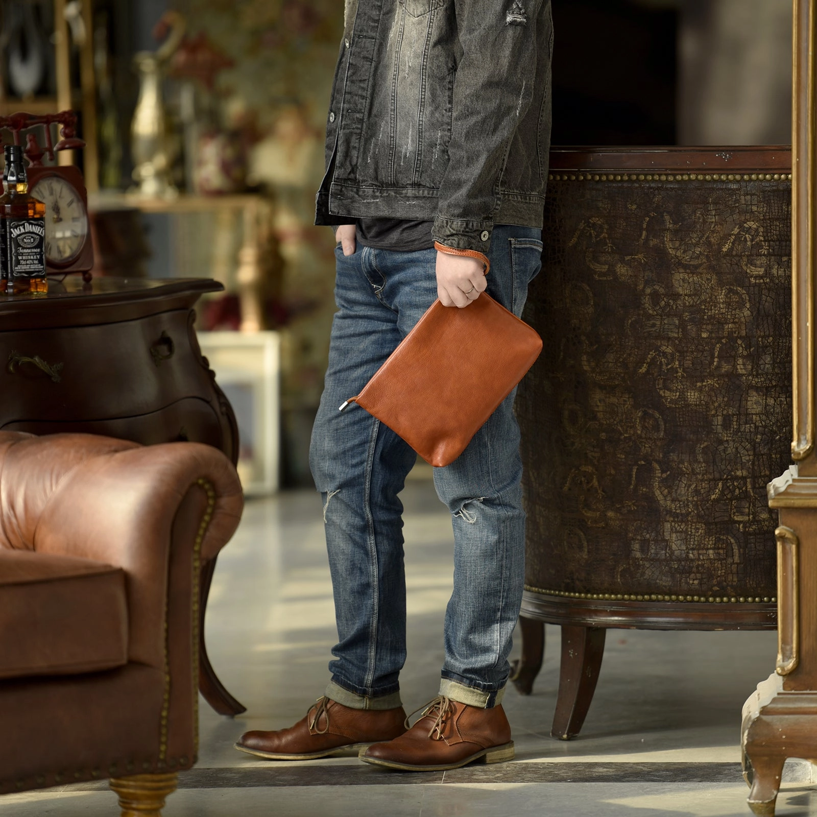 LEATHER MENS Wristlet Wallet Zipper Clutch FOR MEN