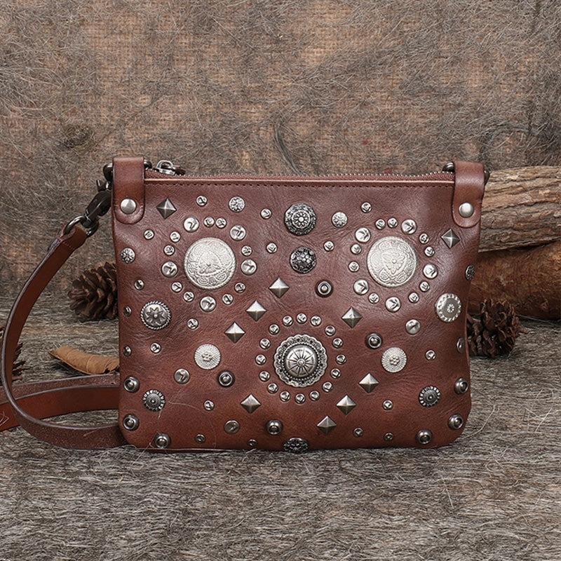 Leather Womens Rivets Shoulder Bags Saddle Vintage Slim Crossbody Purse for Women