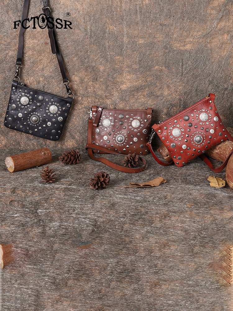 Leather Womens Rivets Shoulder Bags Saddle Vintage Slim Crossbody Purse for Women