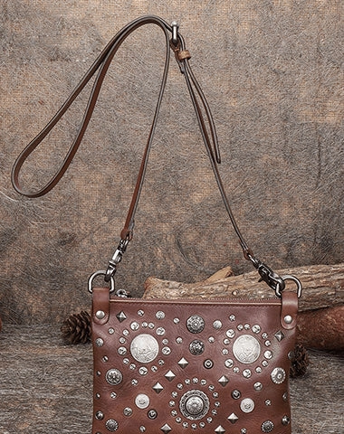 Leather Womens Rivets Shoulder Bags Saddle Vintage Slim Crossbody Purse for Women