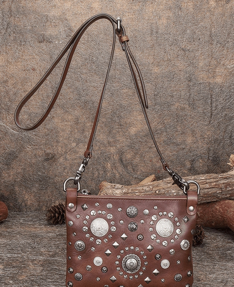Leather Womens Rivets Shoulder Bags Saddle Vintage Slim Crossbody Purse for Women