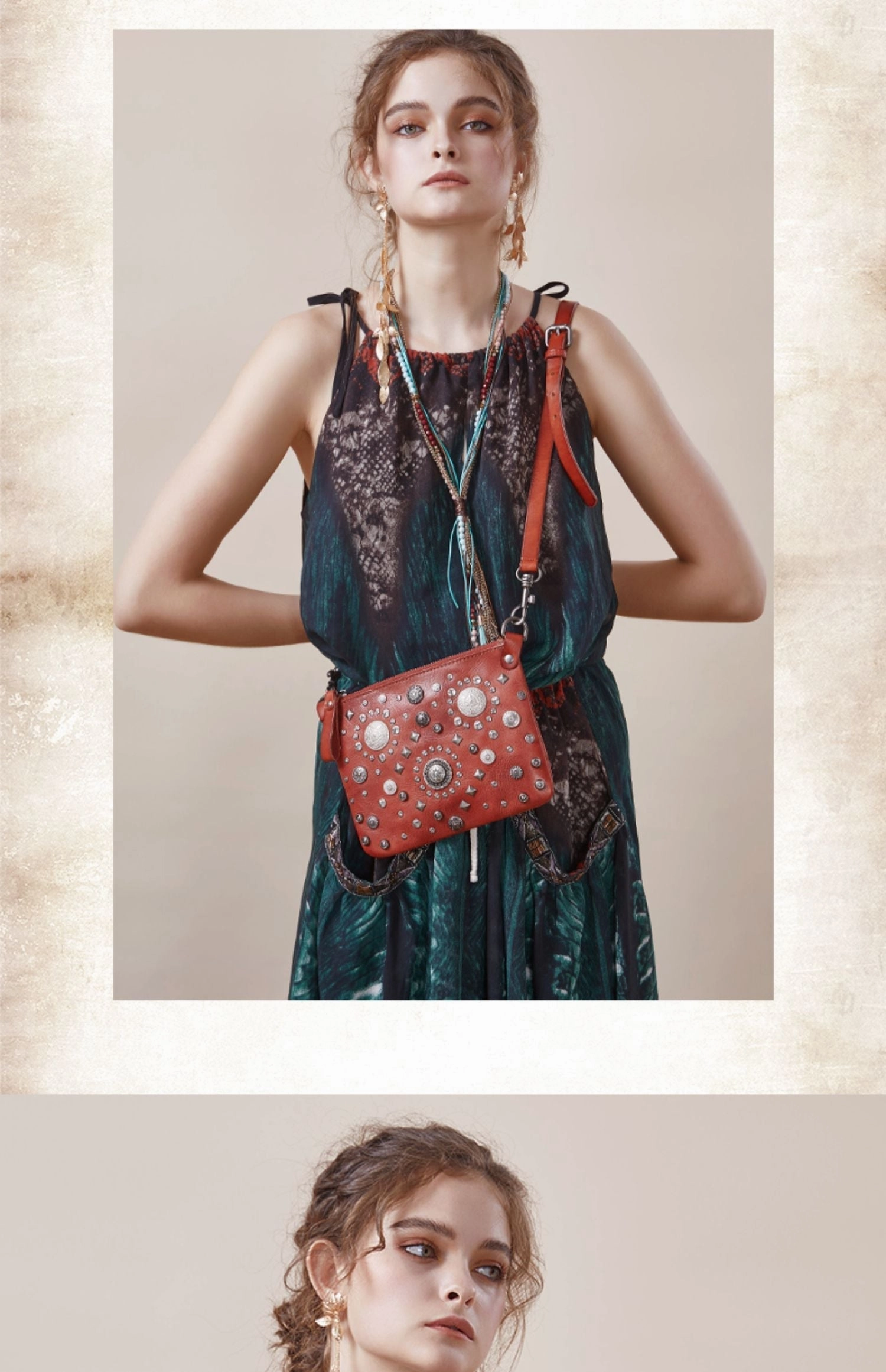 Leather Womens Rivets Shoulder Bags Saddle Vintage Slim Crossbody Purse for Women