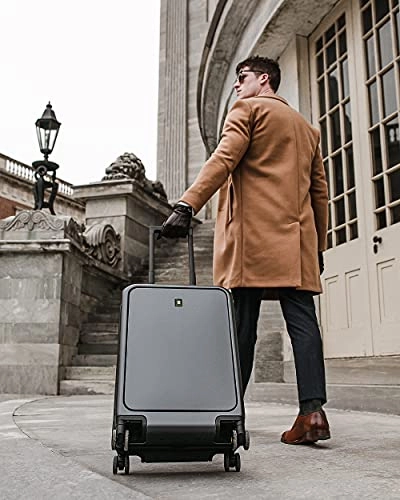 LEVEL8 Carry-On Luggage, Road Runner Pro 20 Lightweight PC Hardside Suitcase with USB Charging Port, Spinner Trolley for Luggage with Front Laptop Pocket, TSA Lock - Dark Grey, 20-Inch