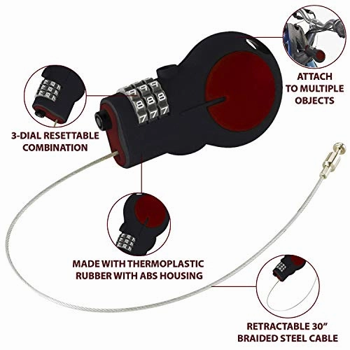 Lewis N. Clark TSA Approved Padlock & Bike Lock for Luggage   Travel, Set Your Combo w/30in Retractable Steel Cable, Red