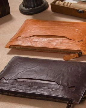 Long Leather Mens Clutch Wallet Wristlet Wallet Vintage Zipper Clutch for Men