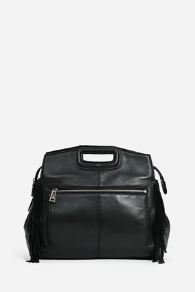 Maje Black Leather Suede Fringe Large Top Handle Bag with Strap
