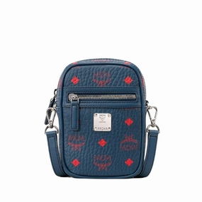 MCM Women's Deep Blue Visetos Red Logo Small Crossbody Bag