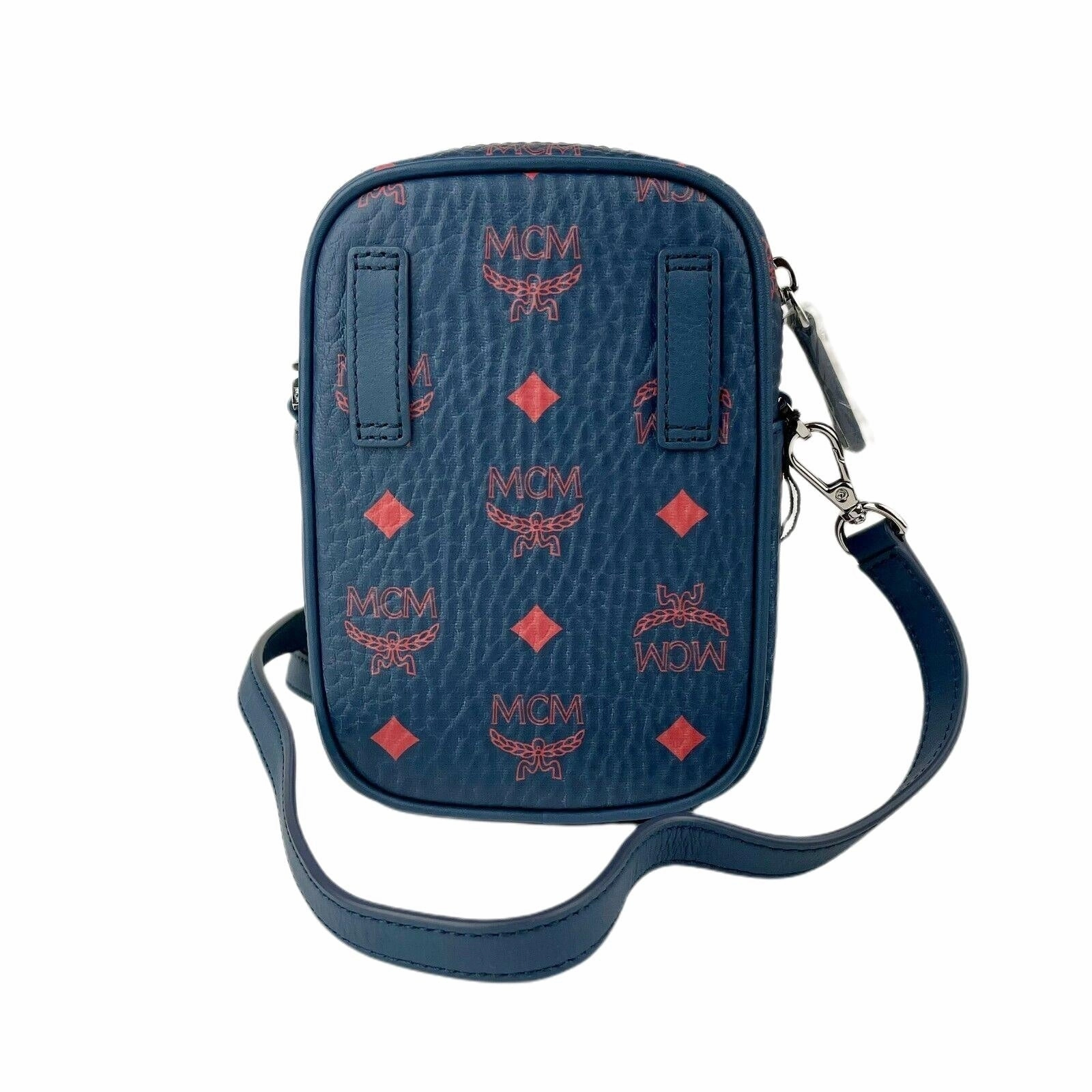 MCM Women's Deep Blue Visetos Red Logo Small Crossbody Bag