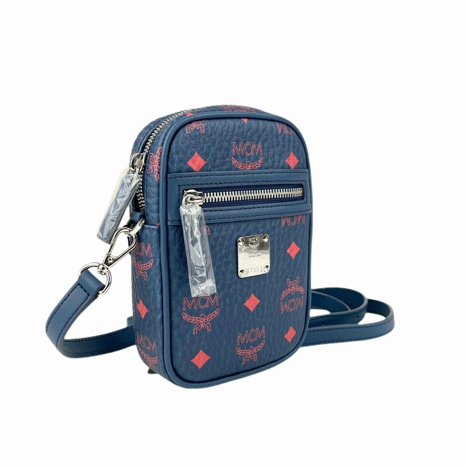 MCM Women's Deep Blue Visetos Red Logo Small Crossbody Bag