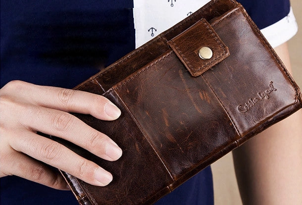 Men Leather clutch Vintage Bifold Black Long wallet men leather zip clutch bag
