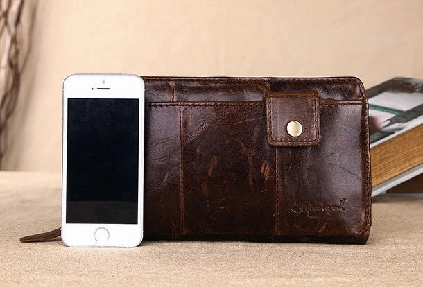 Men Leather clutch Vintage Bifold Black Long wallet men leather zip clutch bag