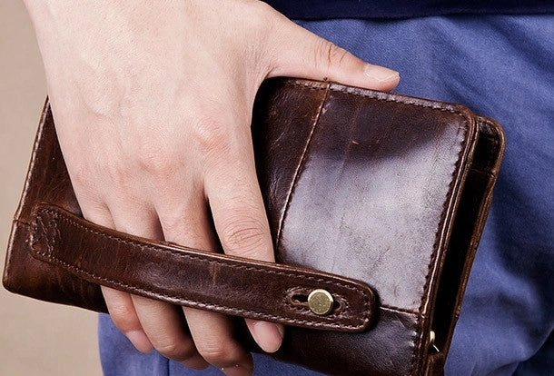 Men Leather clutch Vintage Bifold Black Long wallet men leather zip clutch bag