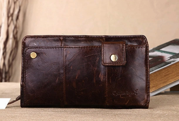 Men Leather clutch Vintage Bifold Black Long wallet men leather zip clutch bag