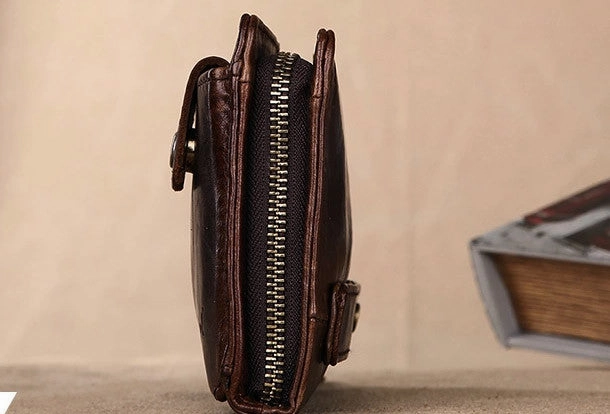 Men Leather clutch Vintage Bifold Black Long wallet men leather zip clutch bag
