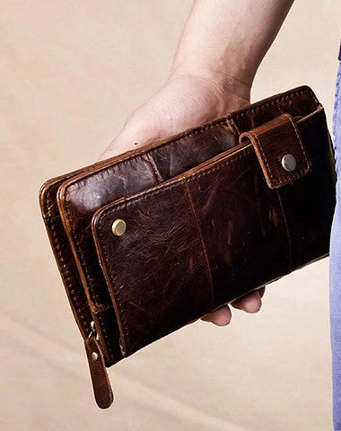 Men Leather clutch Vintage Bifold Black Long wallet men leather zip clutch bag